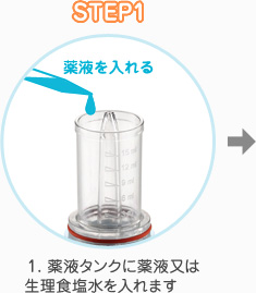 STEP1 1.薬液タンクに薬液又は生理食塩水を入れます